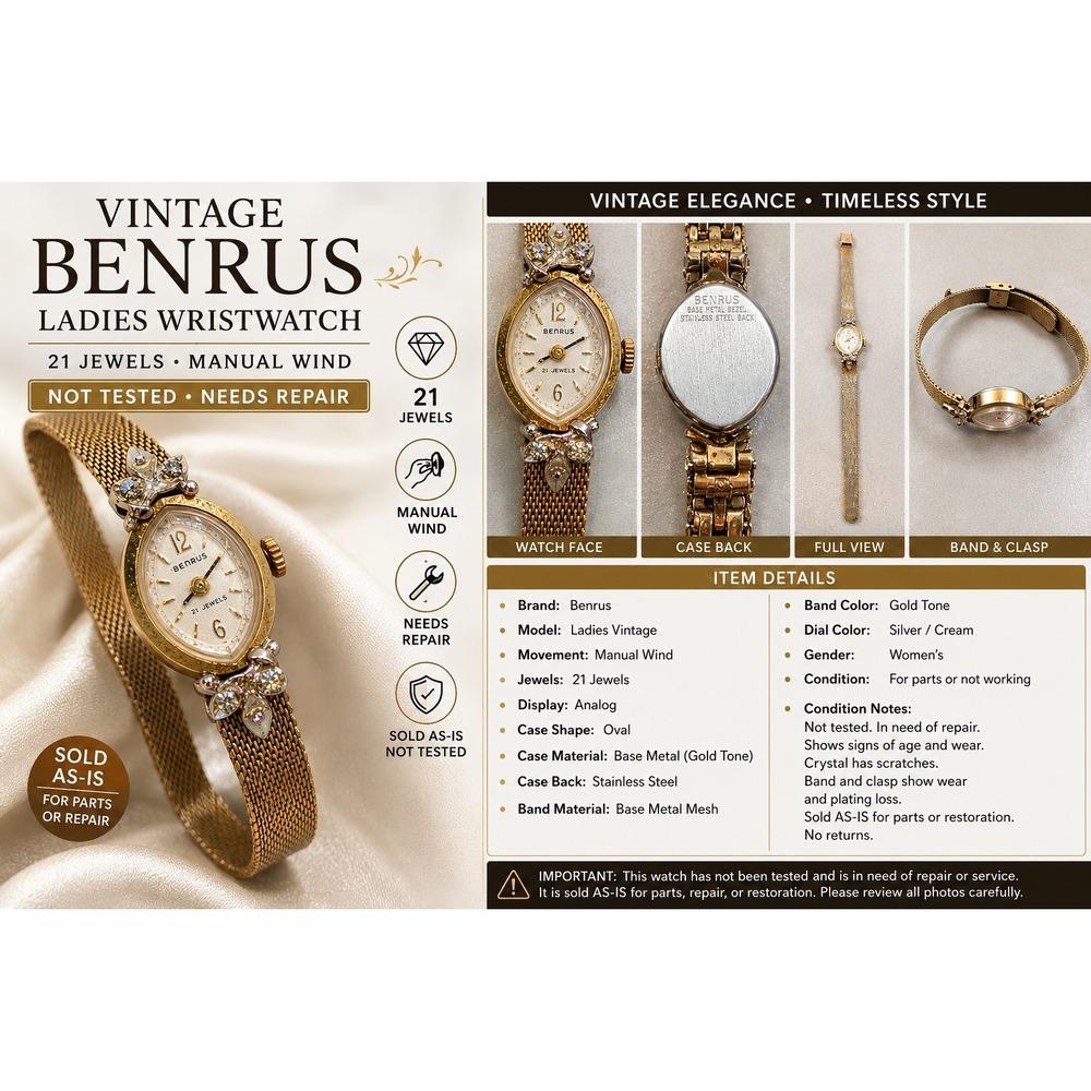 Vintage Benrus Ladies Wristwatch 21 Jewels Manual Wind Gold Tone Oval AS-IS